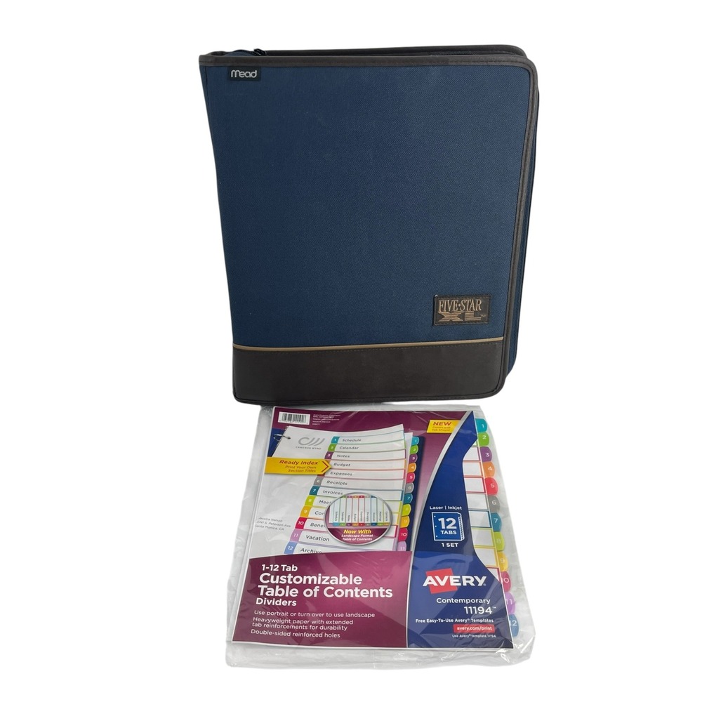 Mead Five Star XL 2 Inch Zipper Binder Blue Brown & Avery 12 Tab Dividers Set
